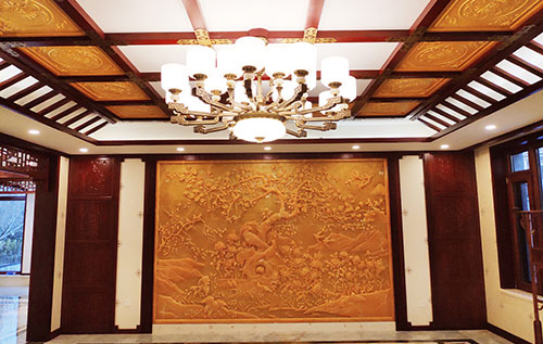 永丰中式别墅客厅中式木作横梁吊顶装饰展示